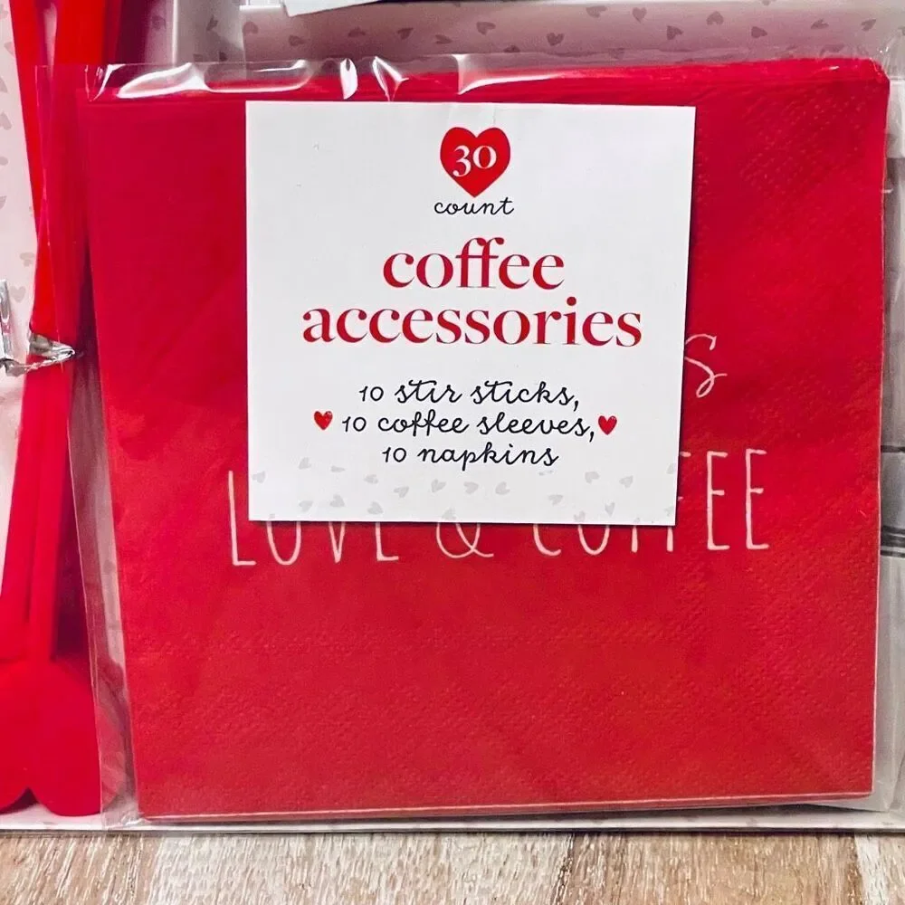 NWT 30 pc Red Set coffee accessories 10 stir sticks,10 coffee sleeves,10 napkins